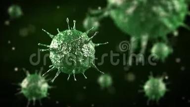 三维渲染显微镜病毒关闭。 3D插图病毒引起<strong>传染病</strong>，免疫力下降，例如肝炎